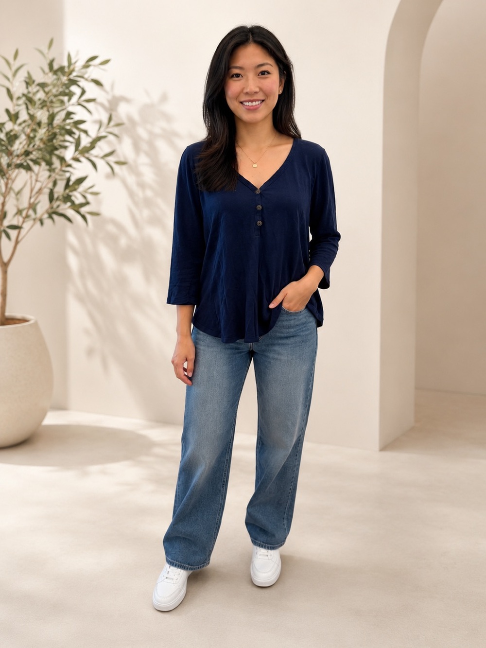 St. John's Bay 100% Cotton Blue V-Neck Henley Top - Petite XL
